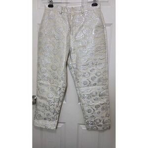 Lulus Floral Brocade Pants Women's M Silver Cream Metallic Rose Trousers Formal